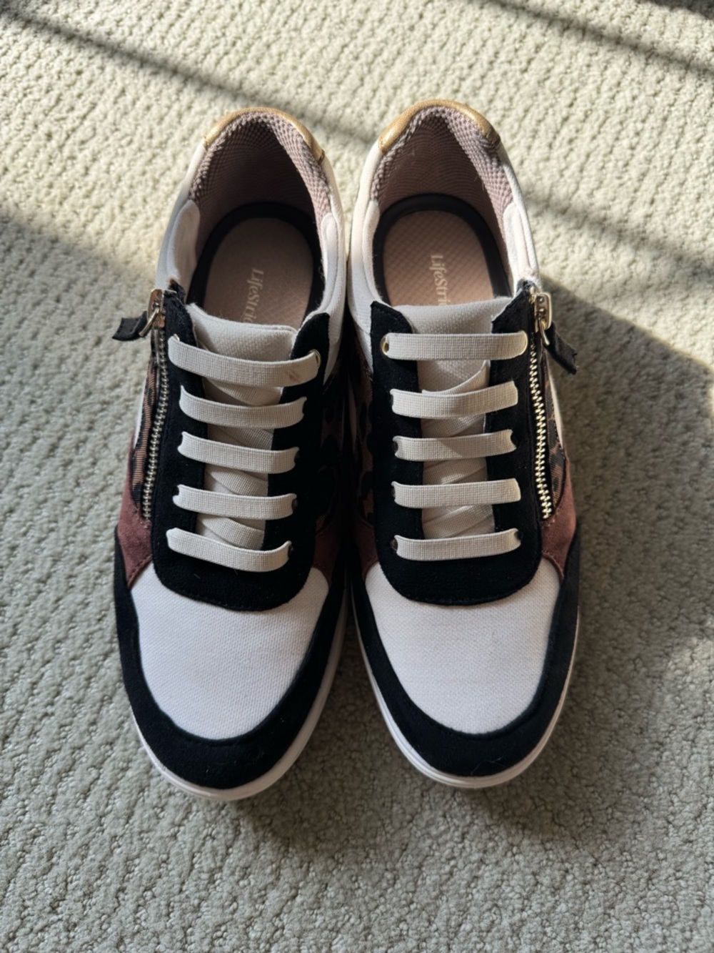 Life Stride Cheetah Mixed-Material Lace-Up Sneakers in White, Black and Brown